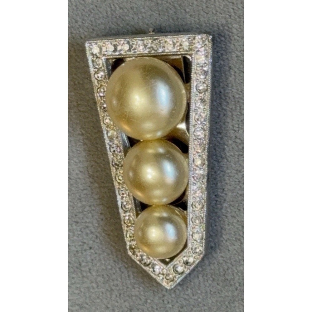 Vintage Silvertone Dress Clip Faux Pearls & Rhinestone Art Deco Style 1.5"